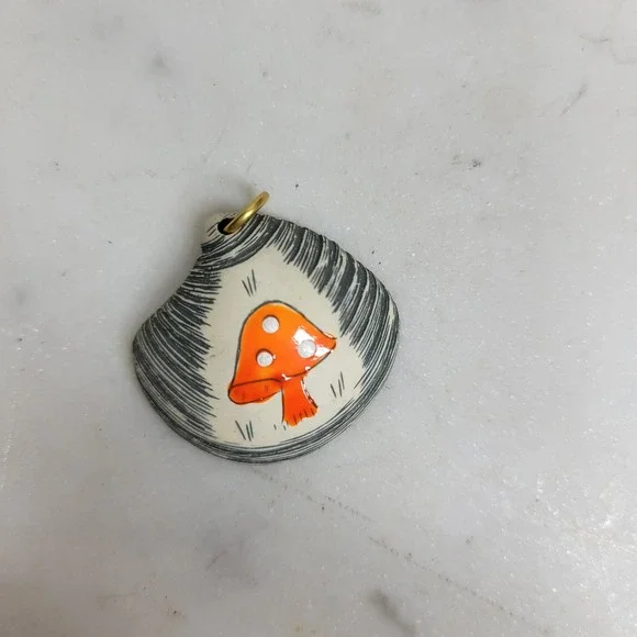 Handpainted Shell Mushroom Pendant Orange Cottagecore Woodland Jewelry Whimsical - Picture 3 of 10